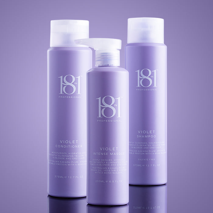 The Violet shampoo, Violet conditioner, and Violet intense masque available from 18 in 1
