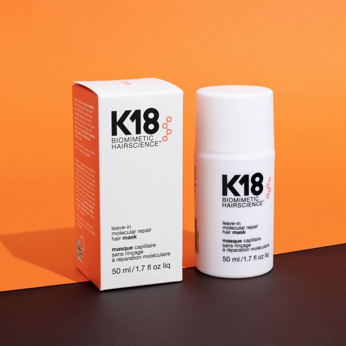 K18 Leave-In Molecular Repair Mask 50ml bottle next to a K18 box